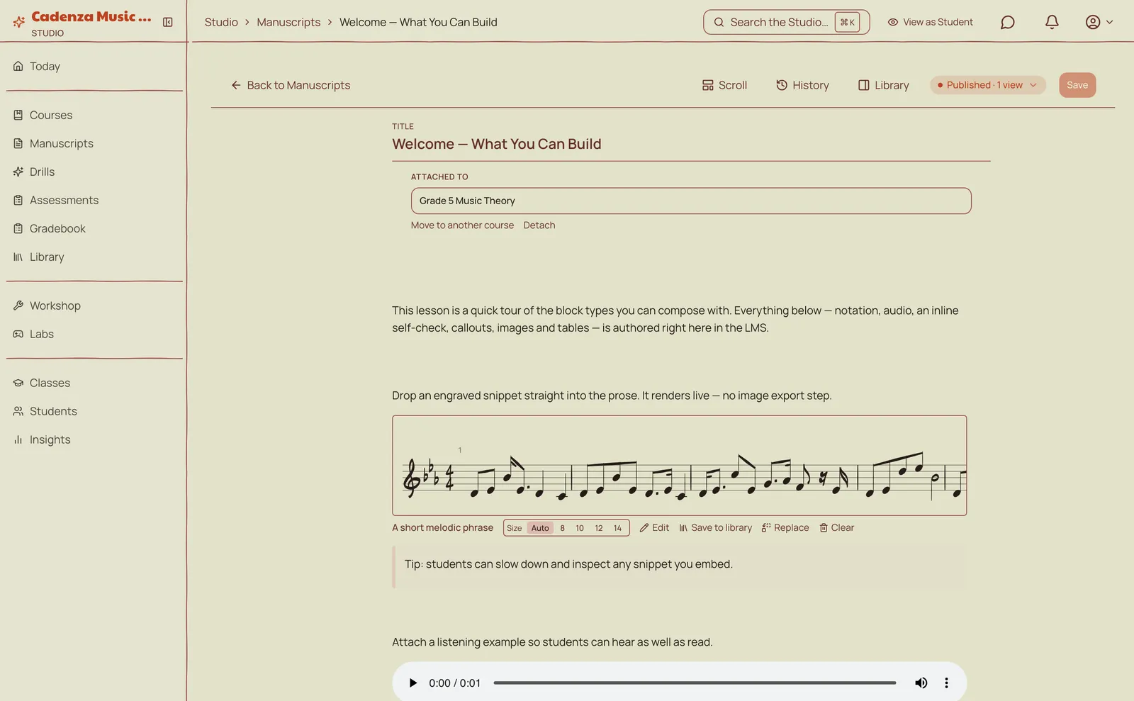 The manuscript editor with an embedded engraved snippet, audio, and an inline self-check question
