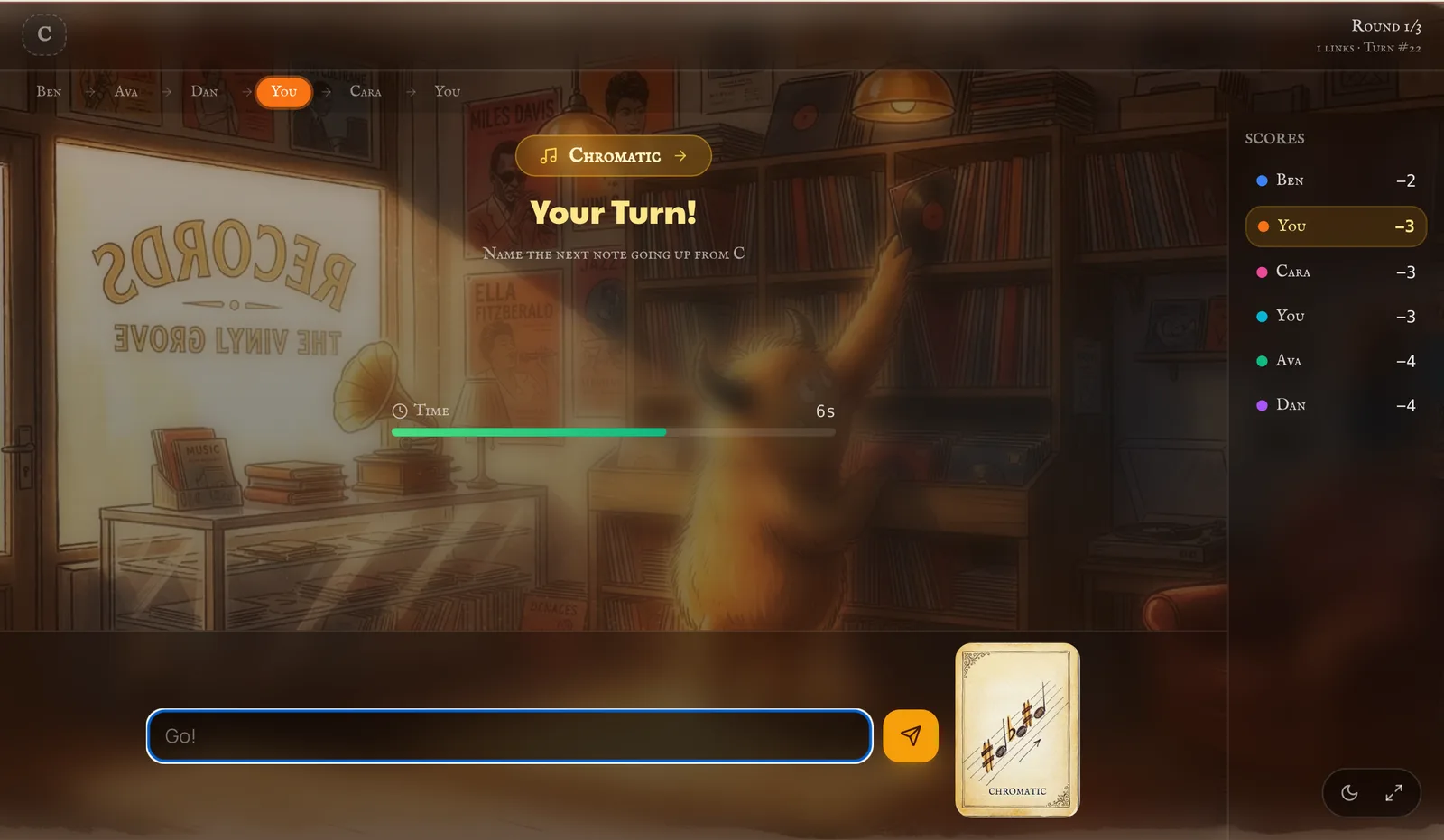 A live Musical Relay Chain board — the note chain, live scores, and the player’s action cards (Freeze, Reverse)