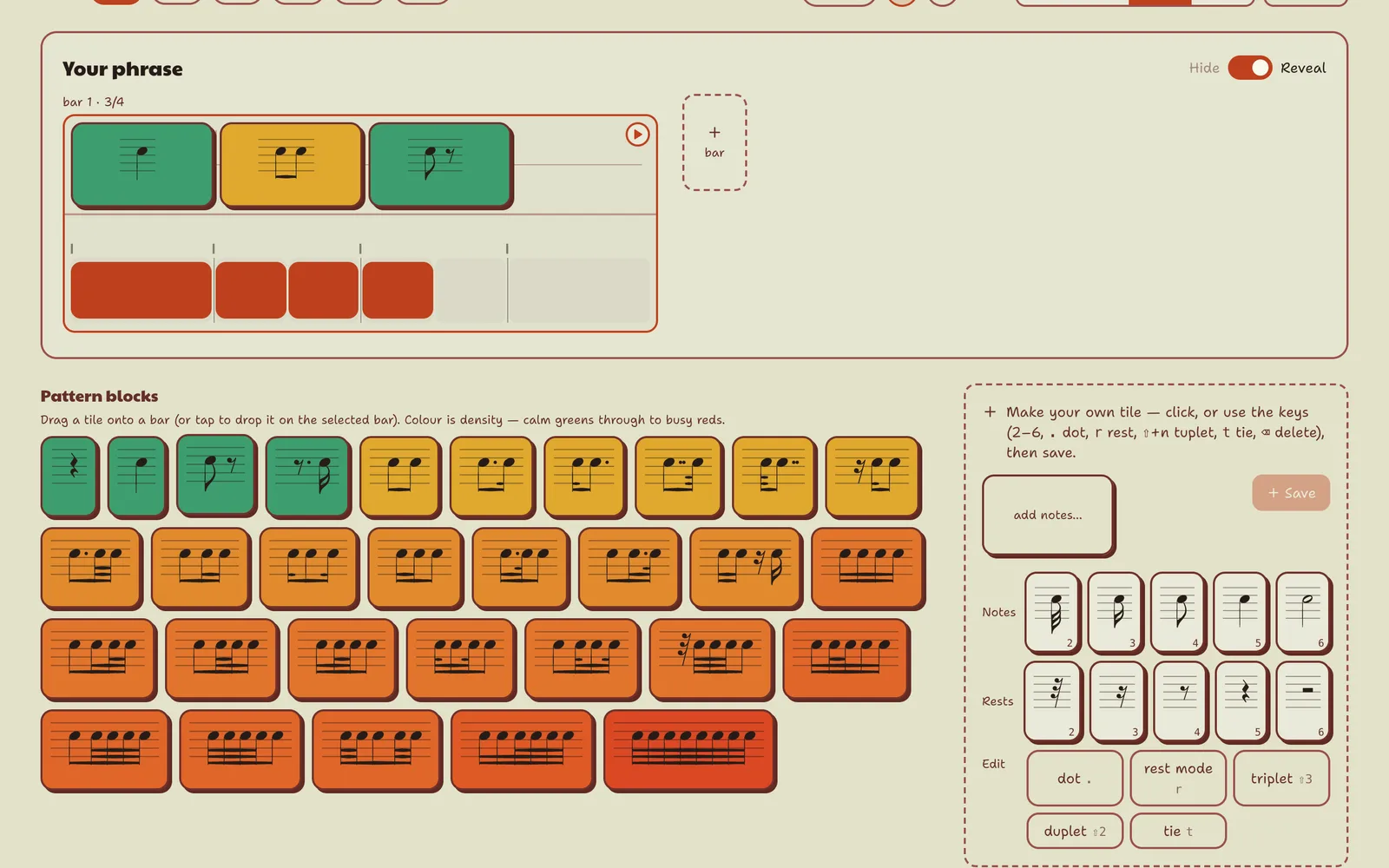 The Rhythm Blocks builder — beat-pattern tiles placed on a rhythm grid, with the pattern palette below