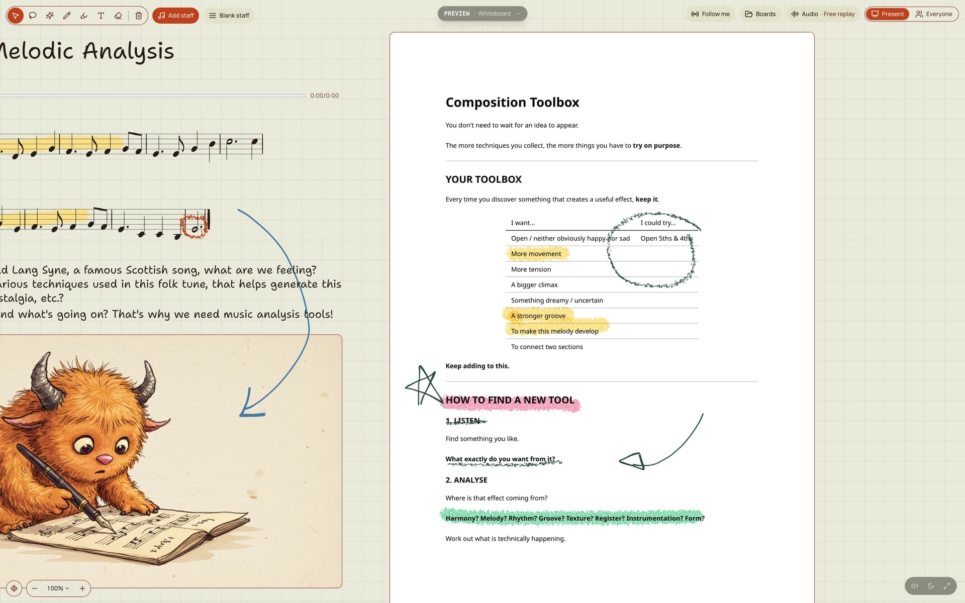 A live whiteboard — an annotated melody, handwriting, an audio player, and an imported worksheet marked up with highlighter, a star and arrows